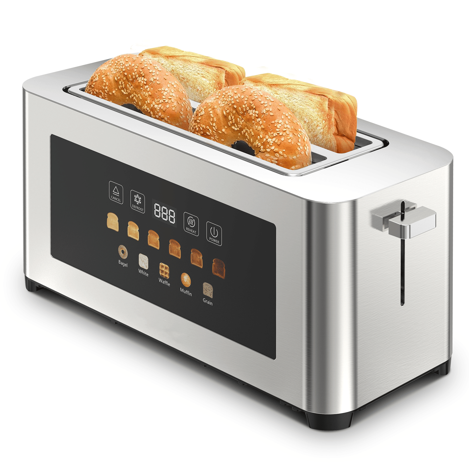 4-piece ultra-wide long-slot toaster with silver dual-control bread machine. Features 4×1.5-inch slots, LED touchscreen display