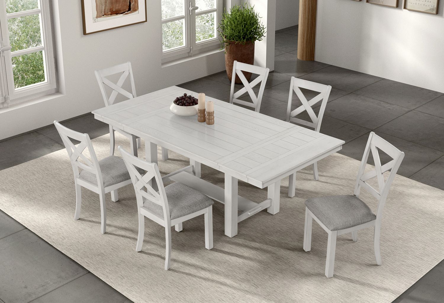 Contemporary 7pc Dining Set White Oak Table w Leaf 6x Side Chairs Cross Back Cushion Seat Chair