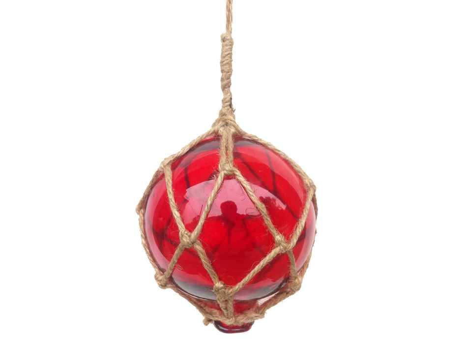 Red Japanese Glass Ball Fishing Float With Brown Netting Decoration 4""