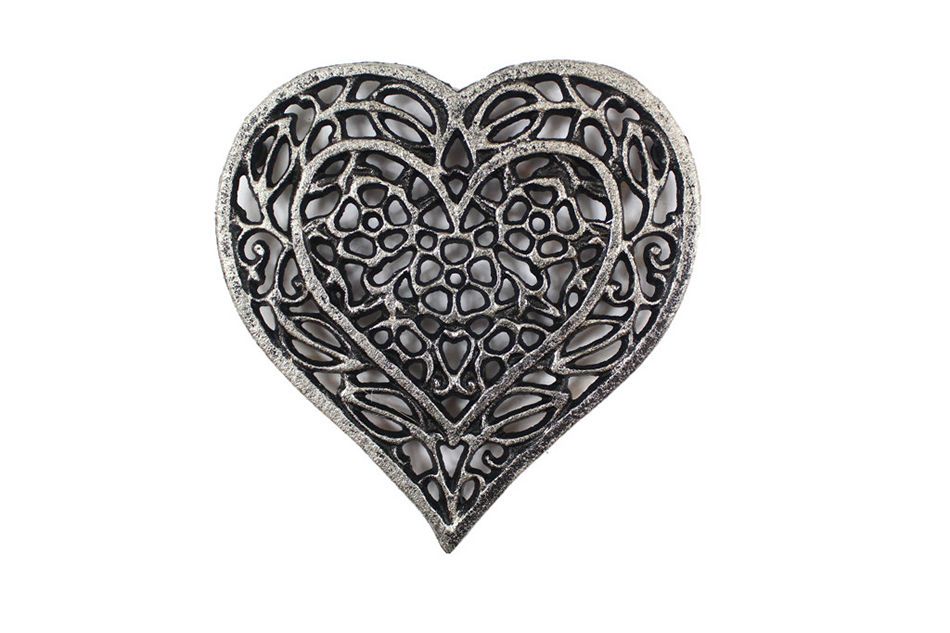 Rustic Silver Cast Iron Heart Shaped Trivet 7""