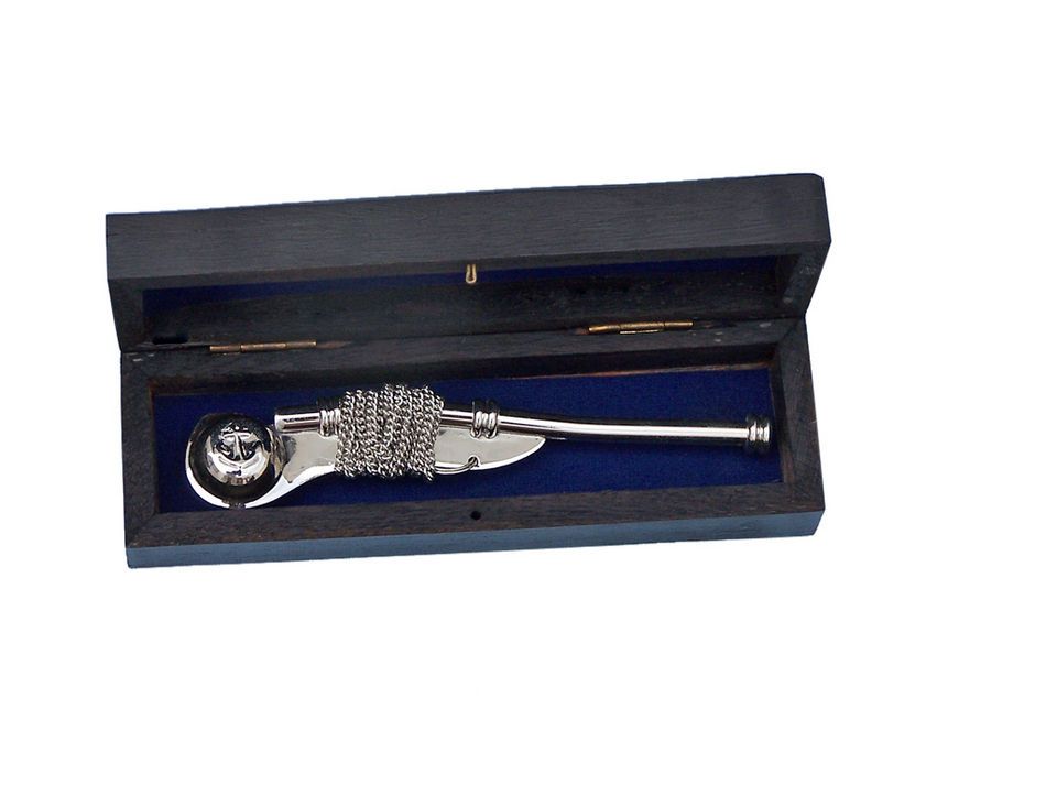 Chrome Boatswain (Bosun) Whistle 5"" w/ Black Rosewood Box