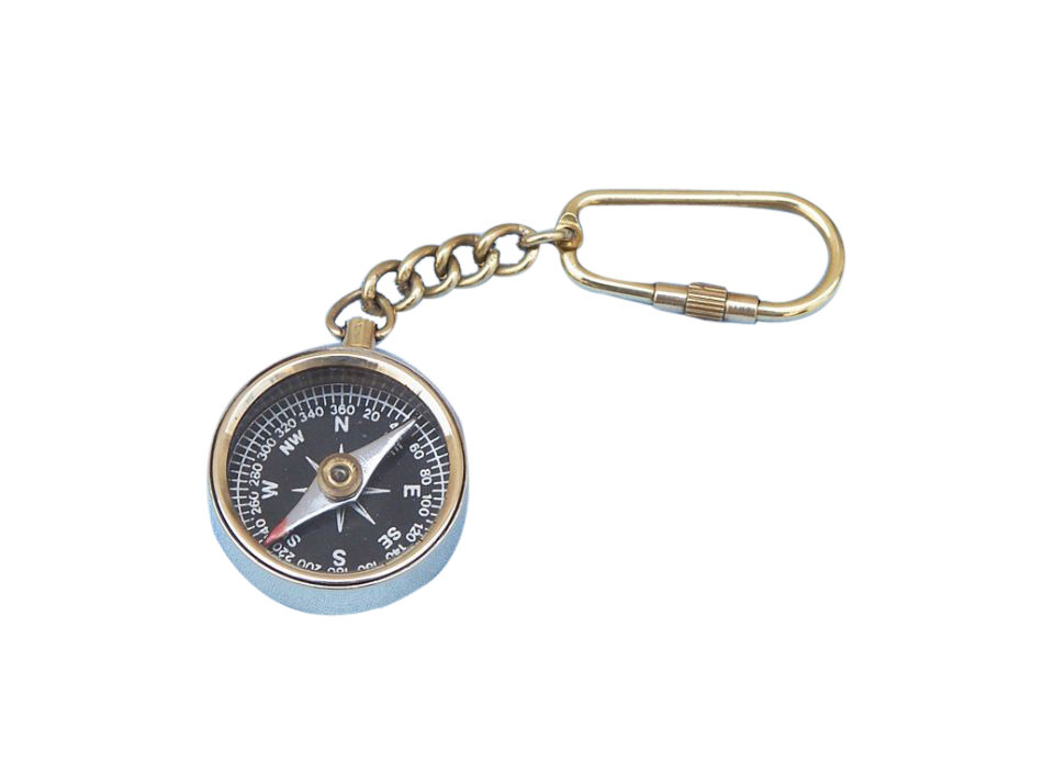Solid Brass Compass Key Chain 5""