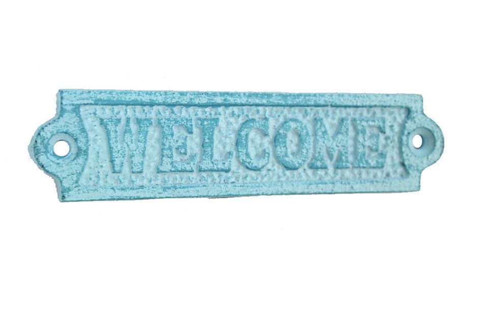 Rustic Light Blue Whitewashed Cast Iron Welcome Sign 6""