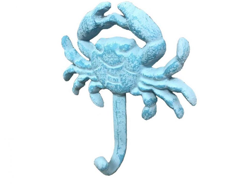 Rustic Light Blue Whitewashed Cast Iron Wall Mounted Crab Hook 5""