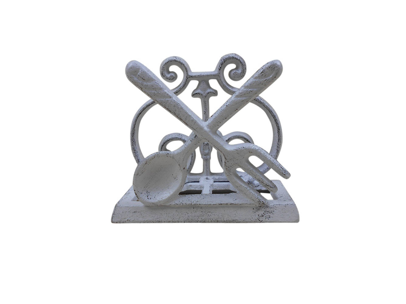 Whitewashed Cast Iron Fork and Spoon Kitchen Napkin Holder 5""