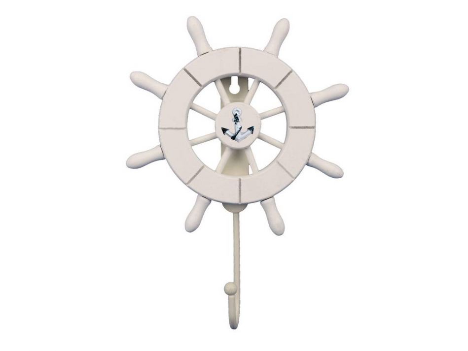 White Decorative Ship Wheel with Anchor and Hook 8"