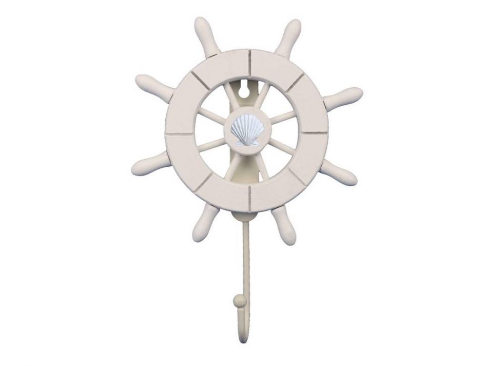 White Decorative Ship Wheel with Seashell and Hook 8"