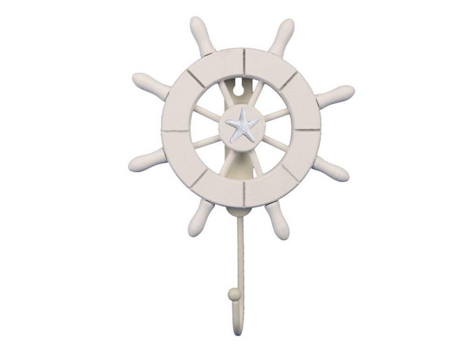 White Decorative Ship Wheel with Starfish and Hook 8"
