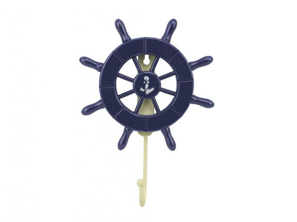 Dark Blue Decorative Ship Wheel with Anchor and Hook 8""