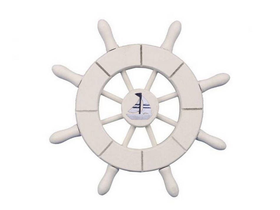 White Decorative Ship Wheel With Sailboat 6"