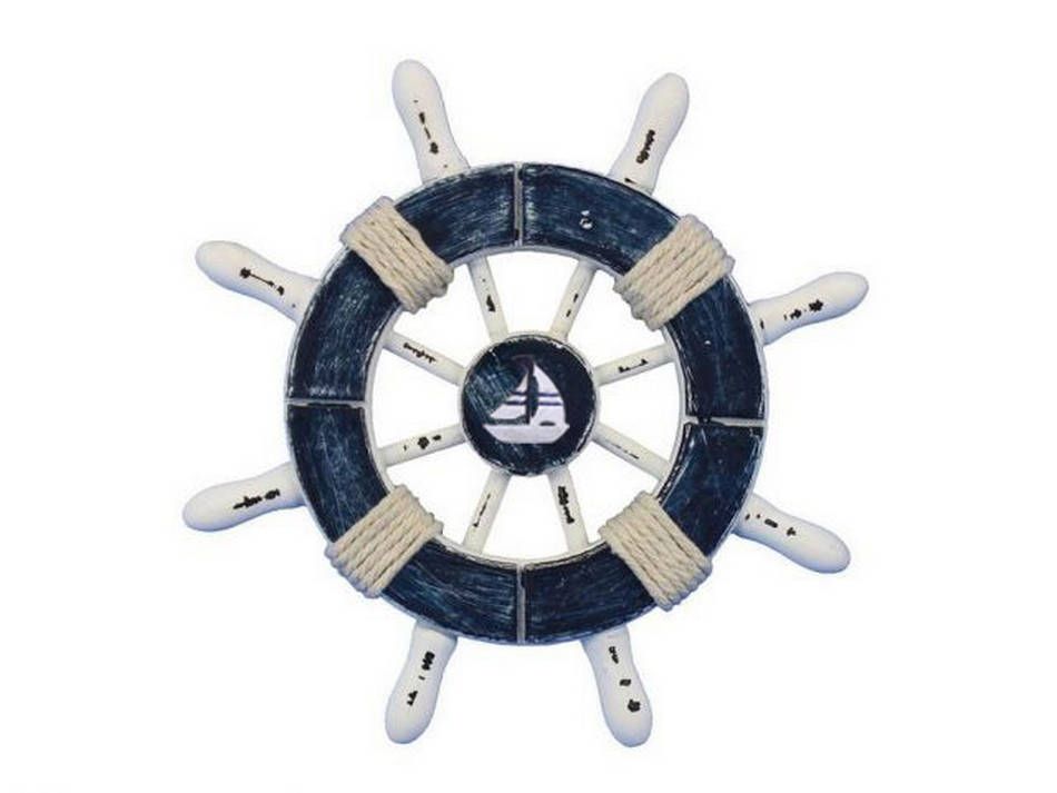 Rustic Dark Blue and White Decorative Ship Wheel With Sailboat 6"