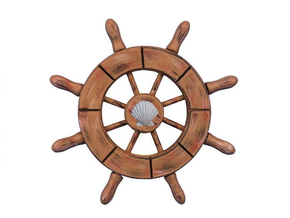 Rustic Wood Finish Decorative Ship Wheel With Seashell  6""