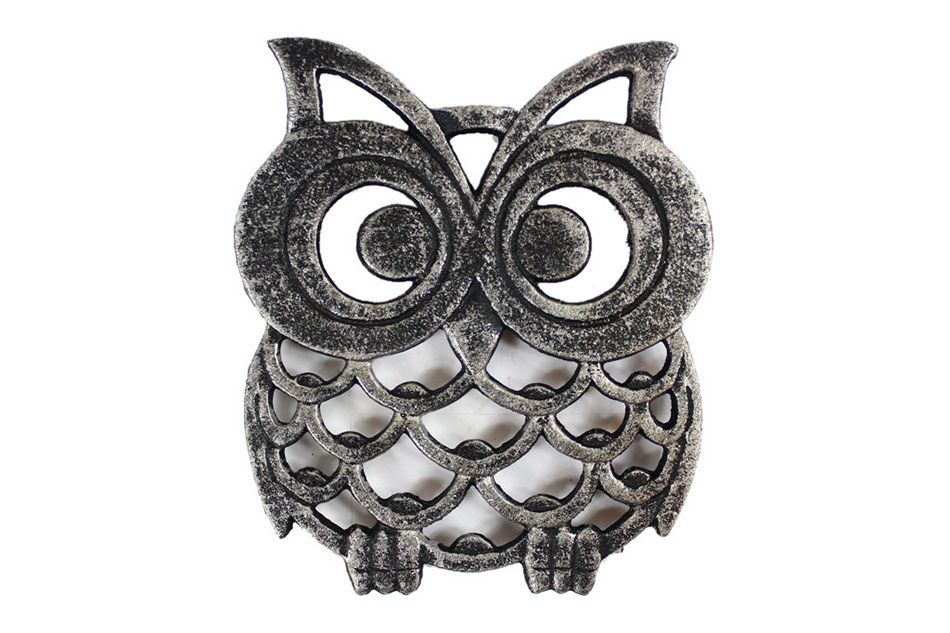 Rustic Silver Cast Iron Owl Trivet 8""