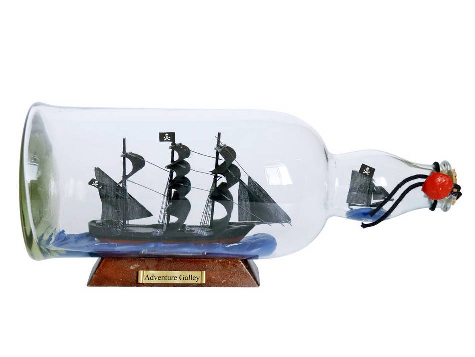 Captain Kidd's Adventure Galley Model Ship in a Glass Bottle 11""