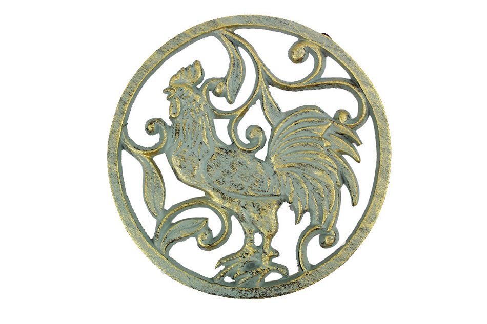 Antique Seaworn Bronze Cast Iron Rooster Trivet 8""