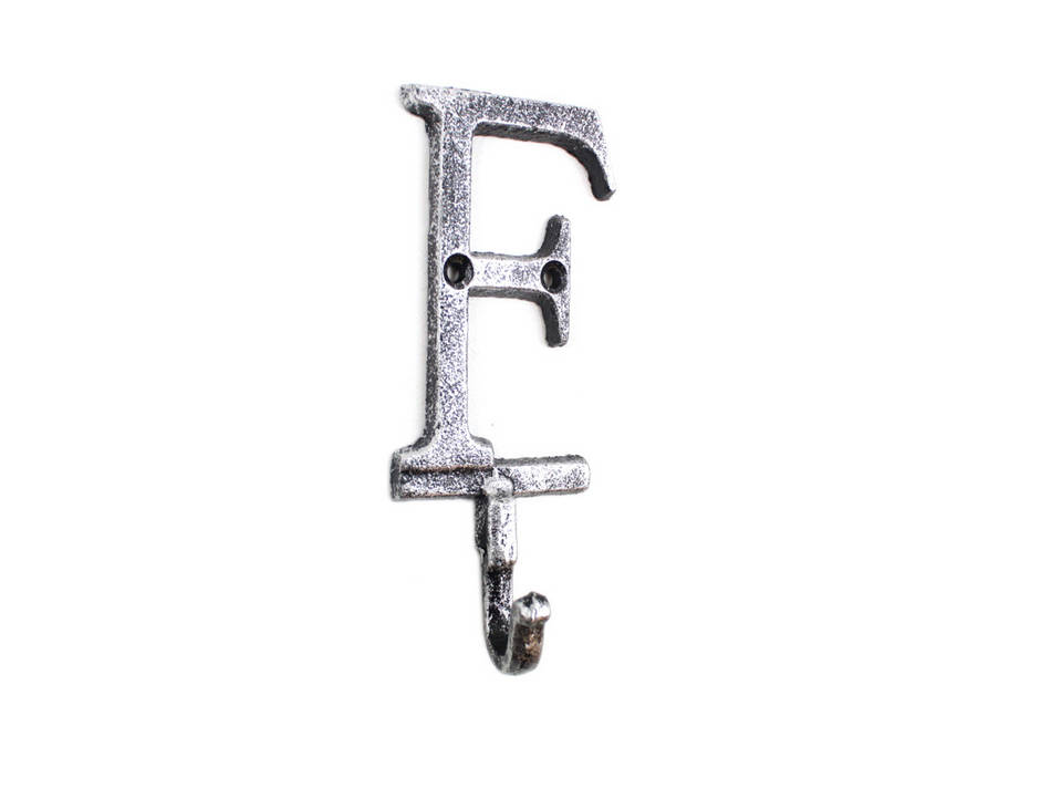 Rustic Silver Cast Iron Letter F Alphabet Wall Hook 6""