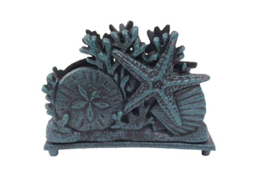 Seaworn Blue Cast Iron Seashell Napkin Holder 7""