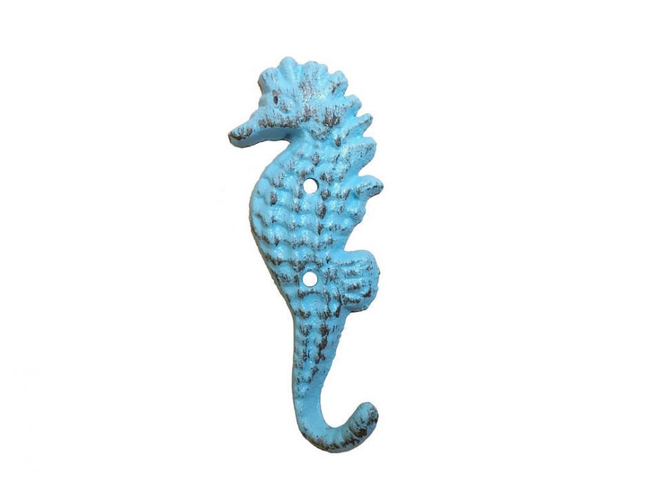 Rustic Light Blue Cast Iron Seahorse Hook 5""
