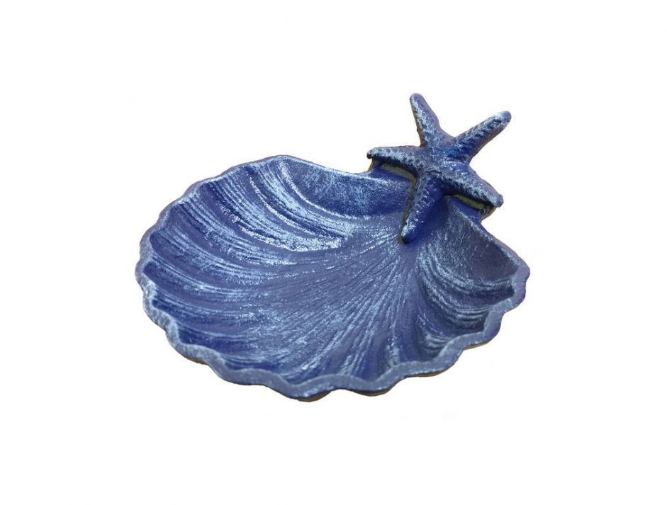 Rustic Dark Blue Cast Iron Shell With Starfish Decorative Bowl 6""