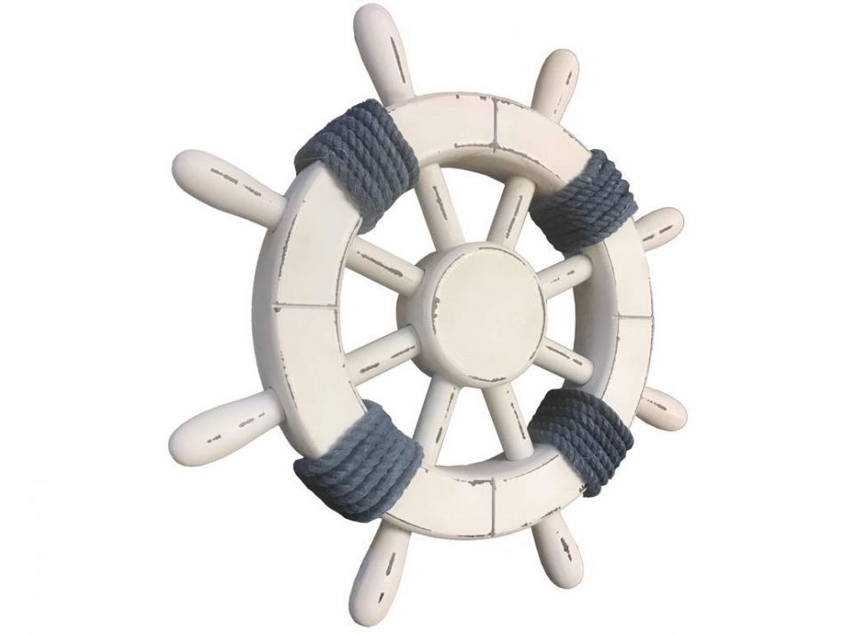 Rustic White Decorative Ship Wheel with Dark Blue Rope 12""