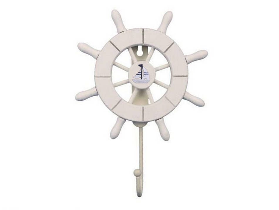 White Decorative Ship Wheel with Sailboat and Hook 8"