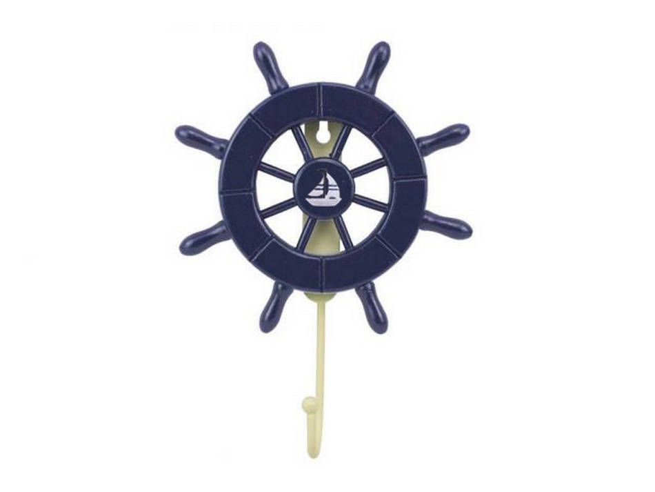 Dark Blue Decorative Ship Wheel with Sailboat and Hook 8""