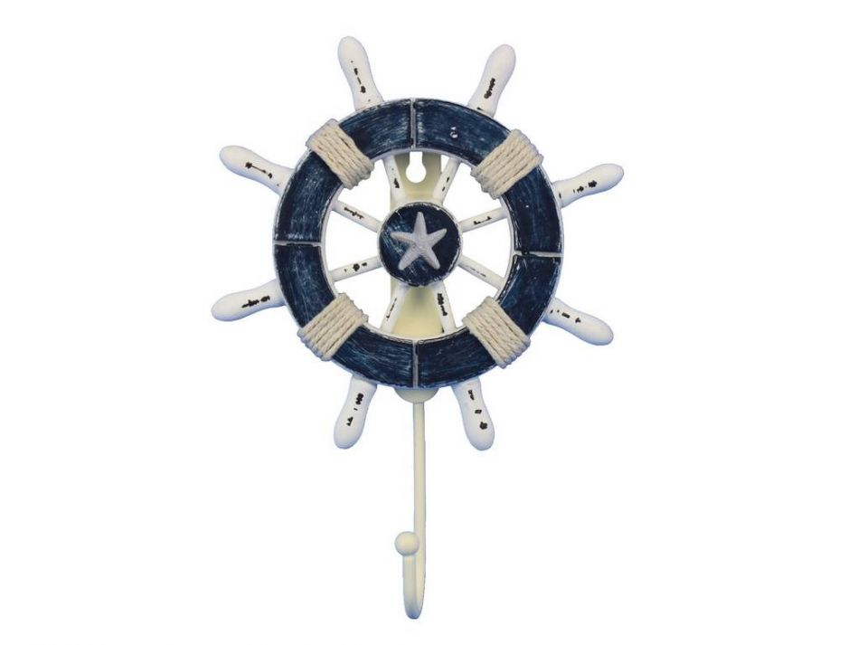 Rustic Dark Blue and White Decorative Ship Wheel With Starfish and Hook 8"
