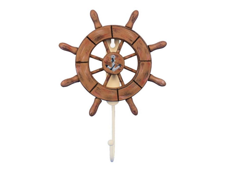 Rustic Wood Finish Decorative Ship Wheel with Anchor and Hook 8""