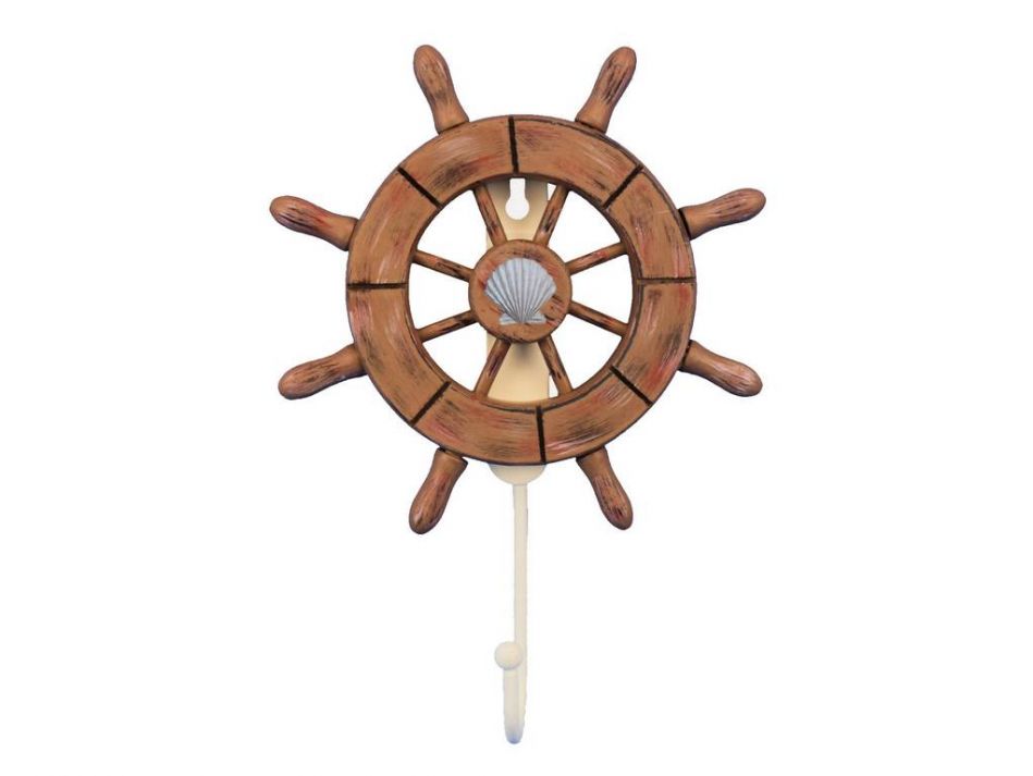 Rustic Wood Finish Decorative Ship Wheel with Seashell and Hook 8"