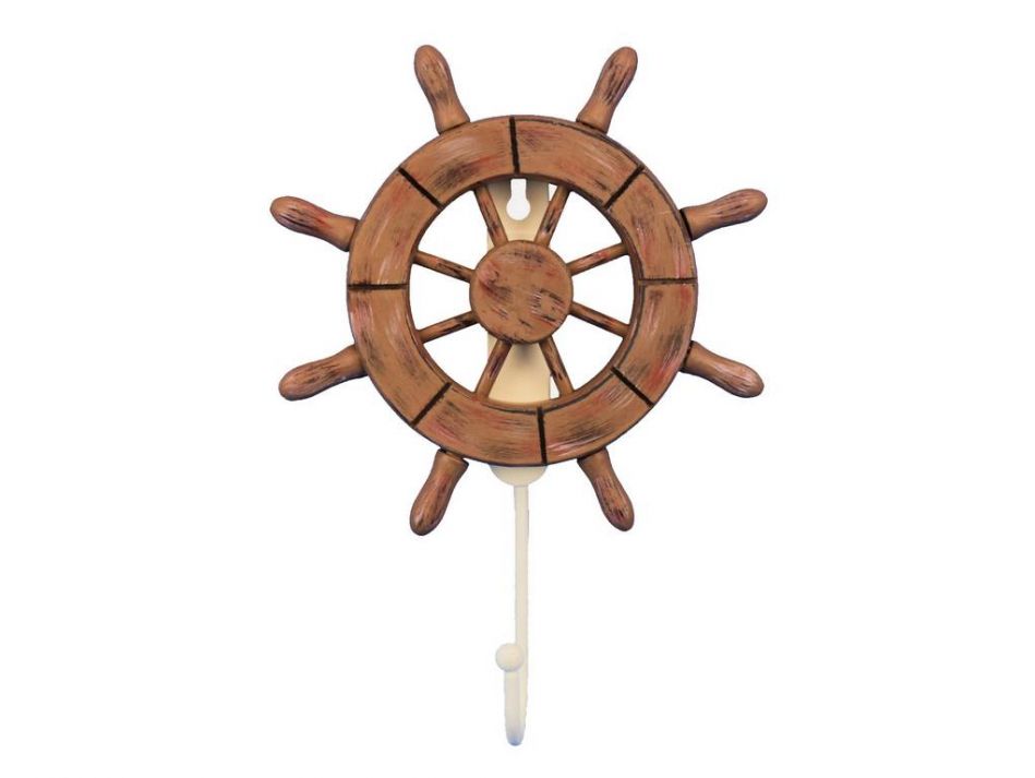 Rustic Wood Finish Decorative Ship Wheel with Hook 8""