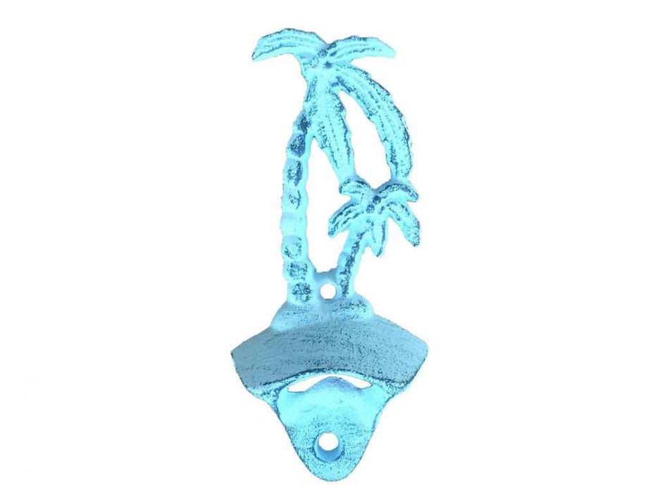 Rustic Dark Blue Whitewashed Cast Iron Wall Mounted Palmtree Bottle Opener 6""