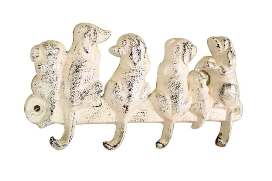 Whitewashed Cast Iron Dog Wall Hooks 8""