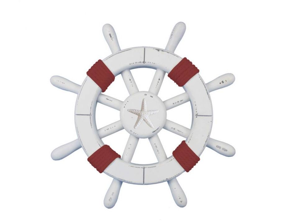 Rustic White Decorative Ship Wheel with Red Rope and starfish 12""