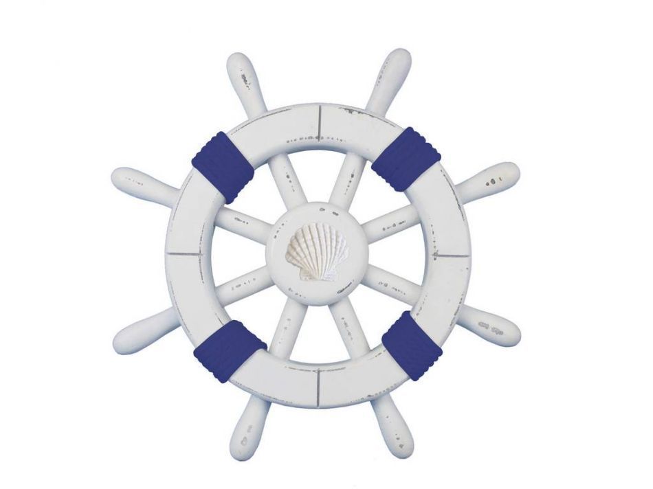 Rustic White Decorative Ship Wheel with Dark Blue Rope and Shell 12""