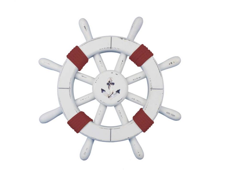 Rustic White Decorative Ship Wheel with Red Rope and anchor 12""
