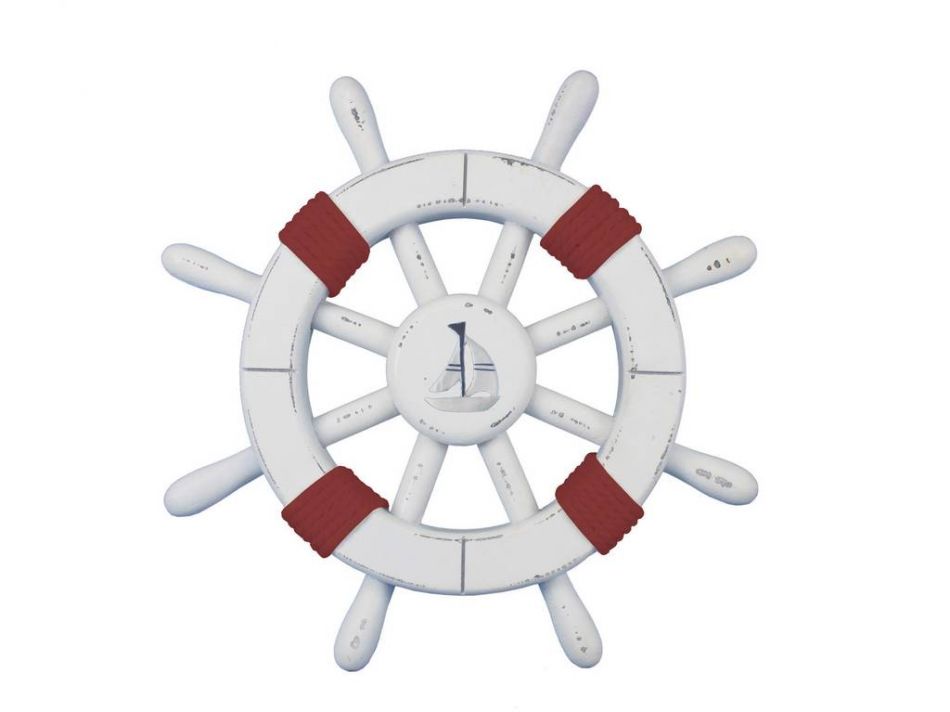 Rustic White Decorative Ship Wheel with Red Rope and sailboat 12""