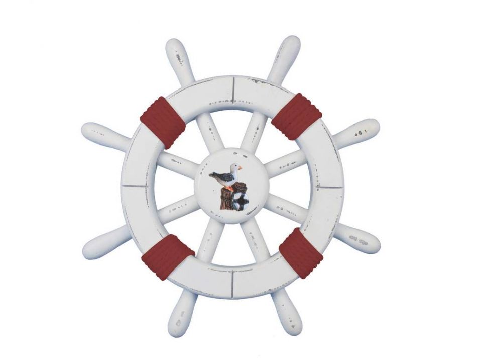 Rustic White Decorative Ship Wheel with Red Rope and seagull 12""