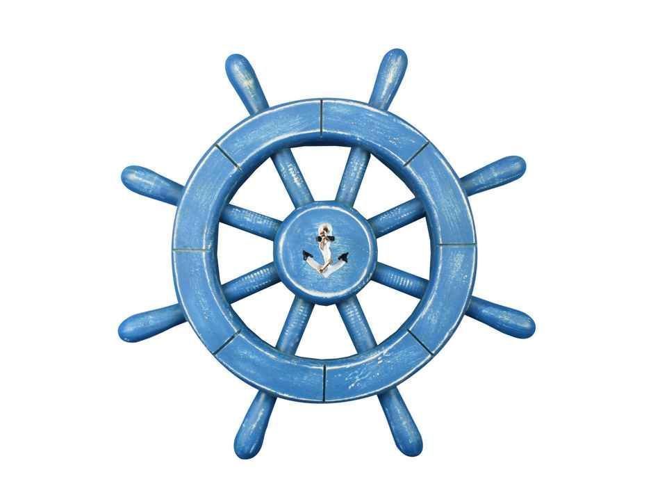 Rustic All Light Blue Decorative Ship Wheel With Anchor 12""