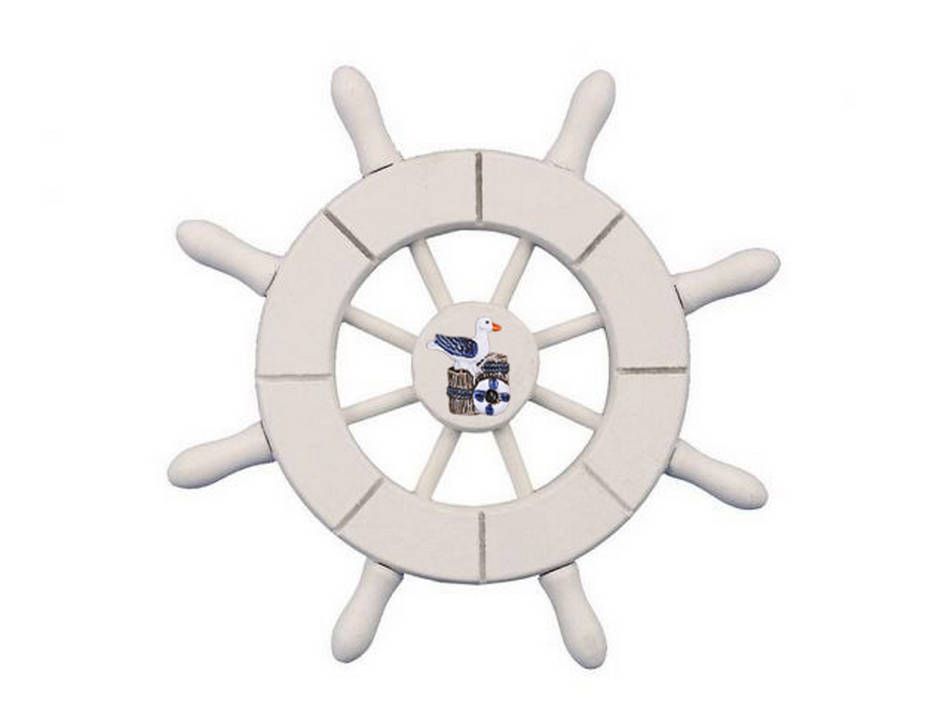 White Decorative Ship Wheel With Seagull 6"