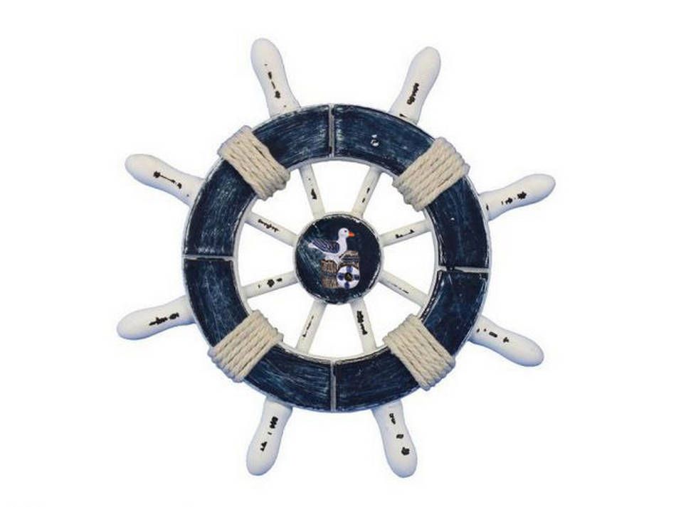 Rustic Dark Blue and White Decorative Ship Wheel With Seagull 6"