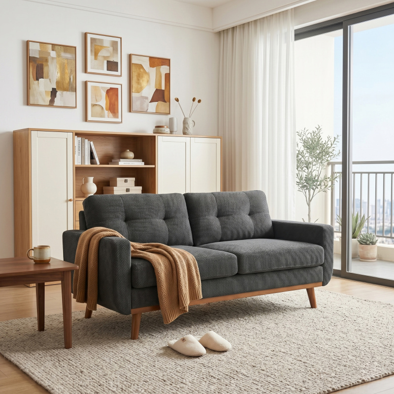 65-inch Modern Minimalist Two-Seater Sofa, featuring  nubby upholstery and solid wood legs (Option: DARK GREY)