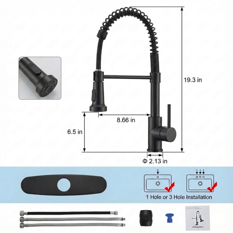 Industrial Kitchen Faucet With Pull Down Sprayer, Single Handle Stainless Steel Kitchen Faucet, 1 Or 3 Hole Installation, Farmhouse Style, Matte (Option: 1)