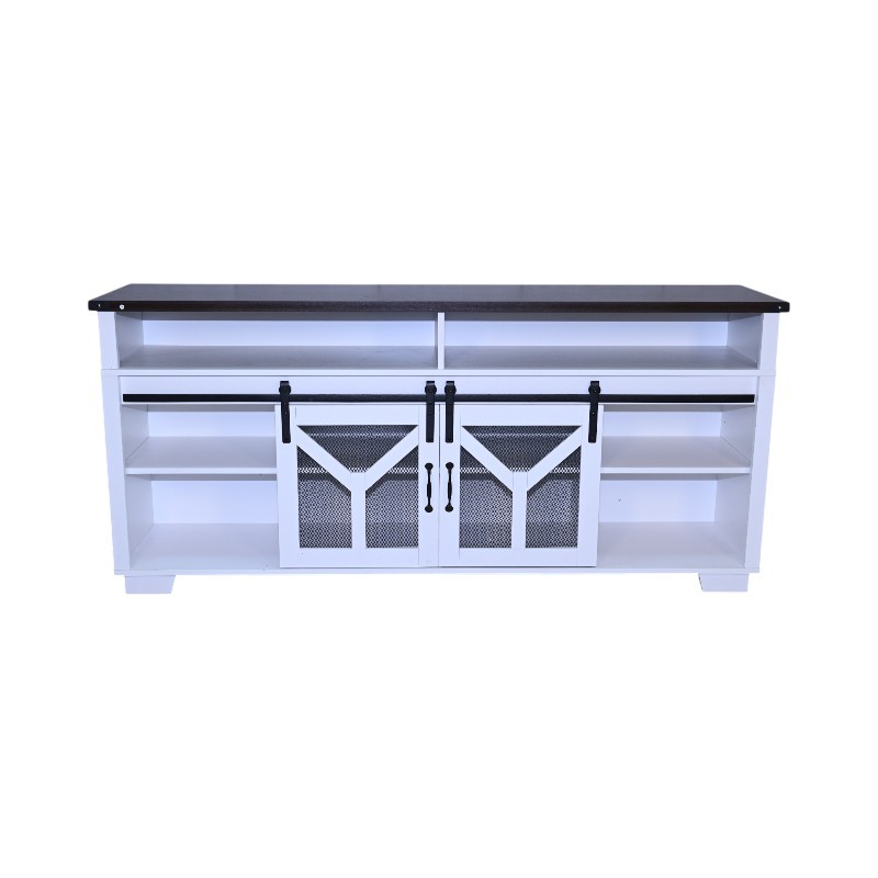 65.3 TV Stand With LED Light Strips And Iron Mesh Barn Door Y Decorative Strip White  Black Walnut Color Top Farmhouse (Option: Whiten Walnut)