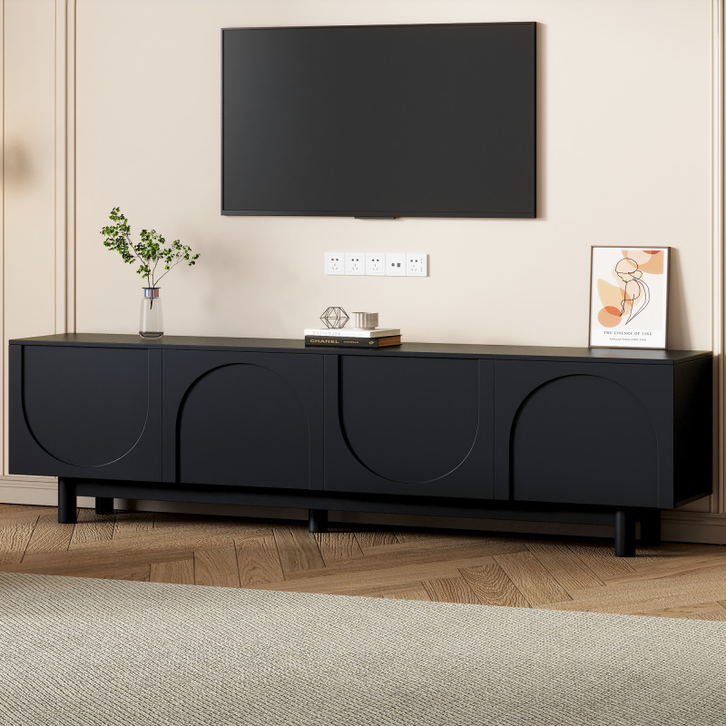 ON-TREND Graceful TV Stand With Arch Cabinets For TVs Up To 78'', Minimalist Entertainment Center With Solid Wood Legs, Practical Media Console W (Option: Black)