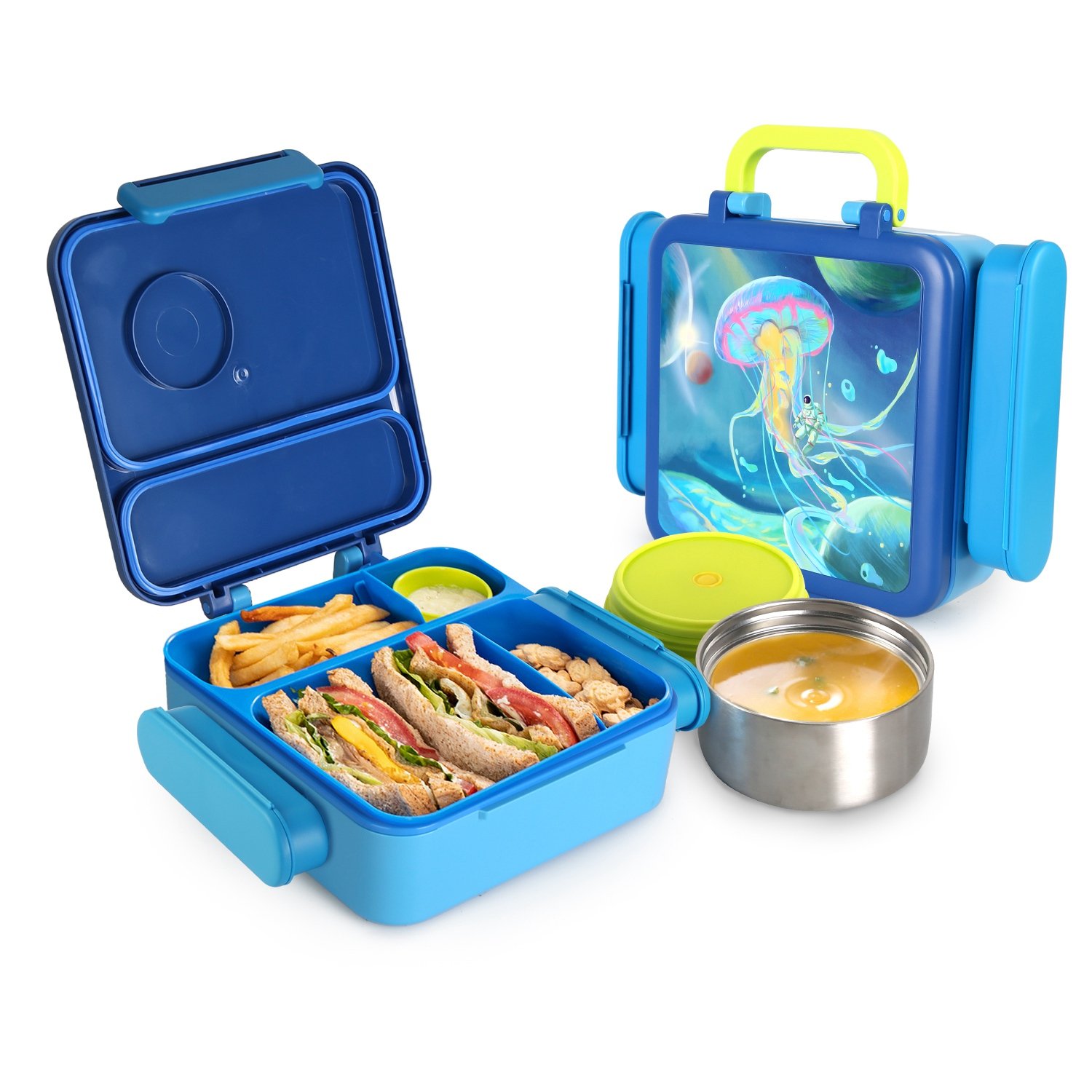 1Pc Kids Lunch Box Thermal Lunch Container With Insulated Storage Bag 2 Compartments Spoon Fork Case Food Safe Spill Resistant (Color: Blue)