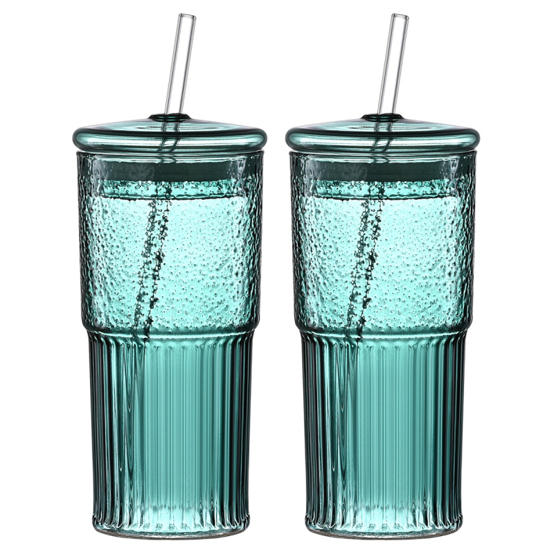 20 Oz 2-pack Green Glass Straw Cup With Vertical Pattern Cup And Lid, High Borosilicate Heat-resistant Glass Cup For Juice, Milk And Cold Drinks (Option: Dark green)