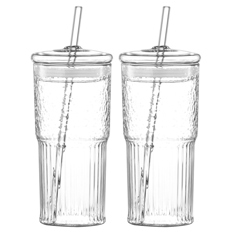 20 Oz 2-pack Glass Straw Cup With Vertical Pattern Cup And Lid, High Borosilicate Heat-resistant Glass Cup For Juice, Milk And Cold Drinks (Option: Transparent 2 pcs)