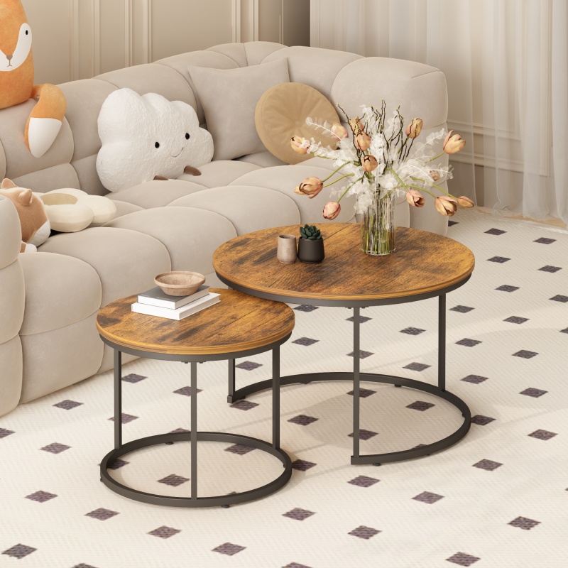 Nesting Coffee Table Set of 2, 27.6inch Round Coffee Table Industrial Wood Finish with Sturdy Metal Frame, End Table Side Tables for Living Room (Option: Rustic Brown)