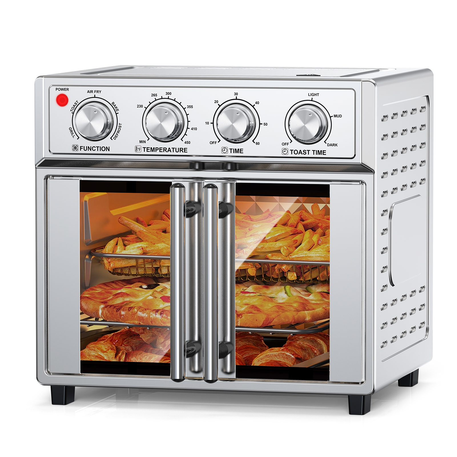 29.5 QT Air Fryer Convection Toaster Oven, French Door, 6 Slices, 1700W, Multifunction Oven, Air Fryer, Toast, Grill, Defrost, Bake, Time And Tem (Option: AFJ26AStainless)