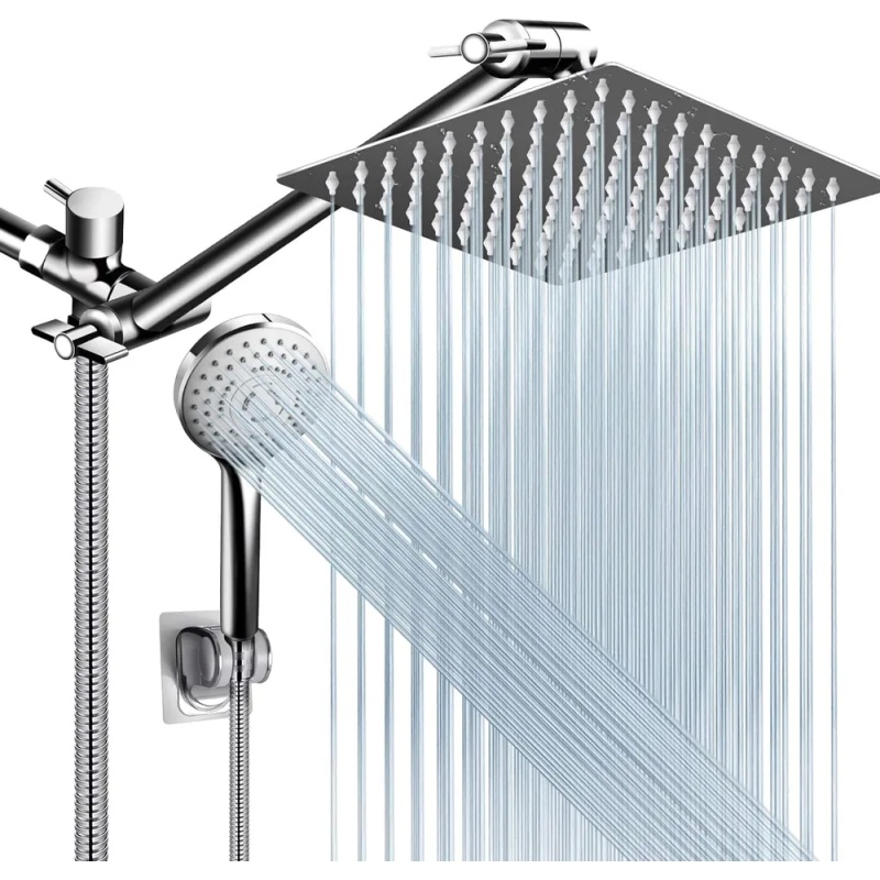 Shower Head Combo, 8 Inch High Pressure Rain With 11 Inch Adjustable Extension Arm And 5 Settings Handheld, Powerful Spray Against Low Water Pres (Option: 10ShowerheadSetChrome)